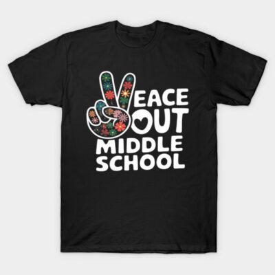 Black t-shirt with "Peace Out Middle School" floral graphic, casual style, perfect for school events or gifts.