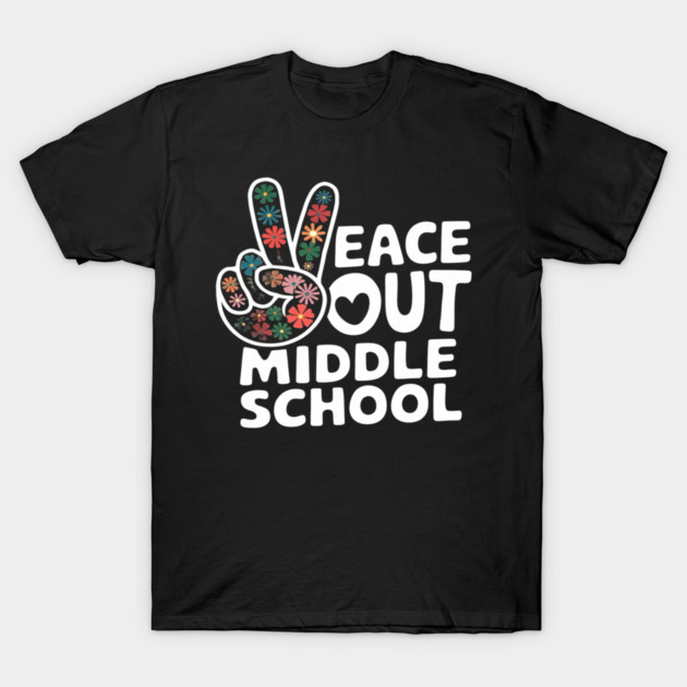 Black t-shirt with "Peace Out Middle School" floral graphic, casual style, perfect for school events or gifts.