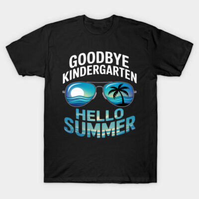 Black t-shirt with "Goodbye Kindergarten, Hello Summer" text and sunglasses graphic, ideal for casual summer wear.