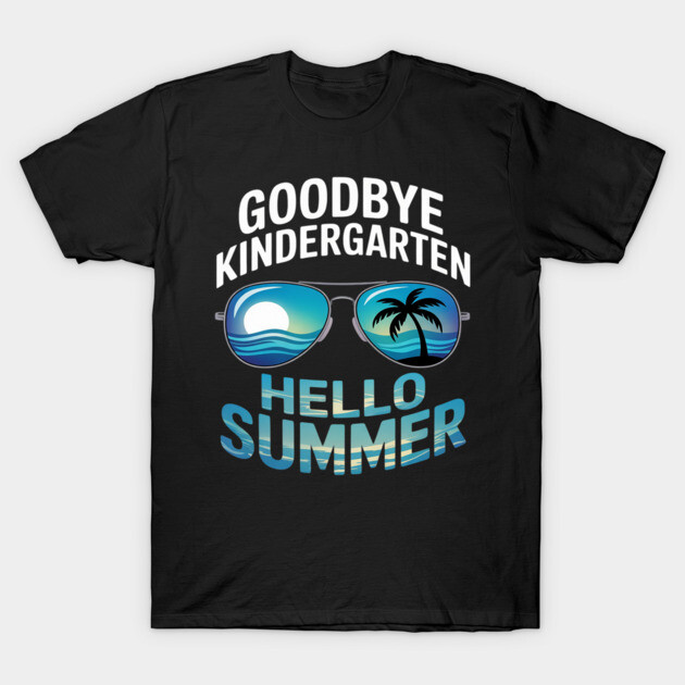 Black t-shirt with "Goodbye Kindergarten, Hello Summer" text and sunglasses graphic, ideal for casual summer wear.