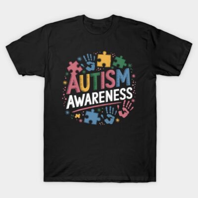 Black Autism Awareness T-shirt with colorful puzzle pieces and handprints, casual style, cotton material.