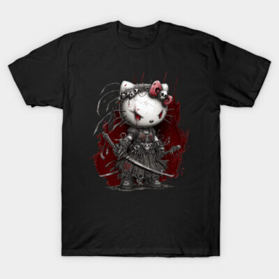 Black t-shirt with cute warrior design, featuring cat character in armor with sword, cotton material, casual style.
