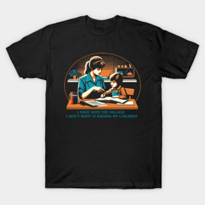 Black t-shirt with retro-style print of parent and child at table, text reads "I have seen the village" in blue.