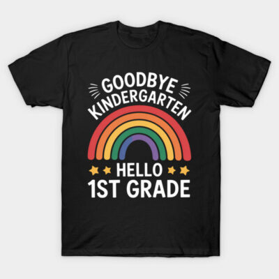 Black t-shirt with colorful rainbow design, text "Goodbye Kindergarten, Hello 1st Grade", fun school transition style.