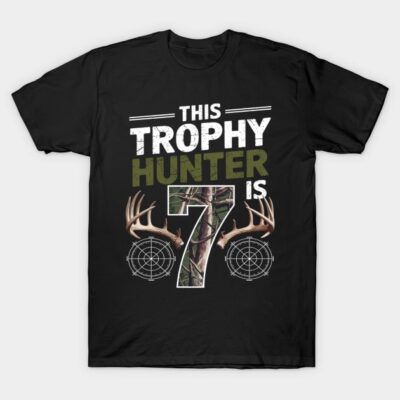 Black "Trophy Hunter is 7" t-shirt with camo design and antler graphic, perfect for young outdoor enthusiasts.