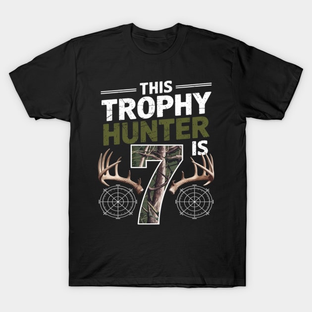 Black "Trophy Hunter is 7" t-shirt with camo design and antler graphic, perfect for young outdoor enthusiasts.