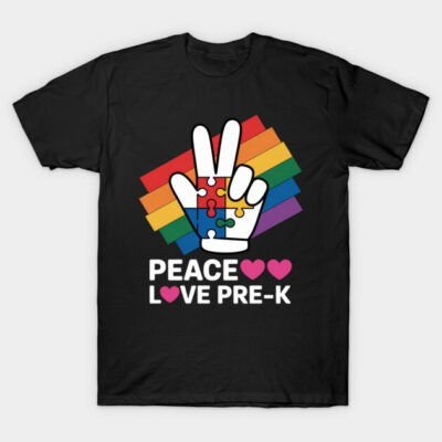 Black t-shirt with peace sign and rainbow puzzle design, text "Peace Love Pre-K," ideal for preschool teachers.