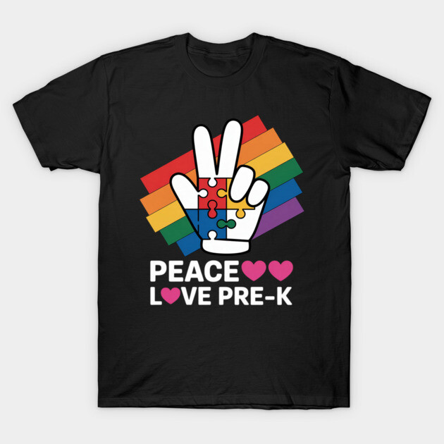 Black t-shirt with peace sign and rainbow puzzle design, text "Peace Love Pre-K," ideal for preschool teachers.