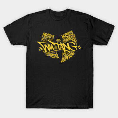 Black t-shirt featuring a yellow graffiti-style graphic design, casual wear, cotton material.