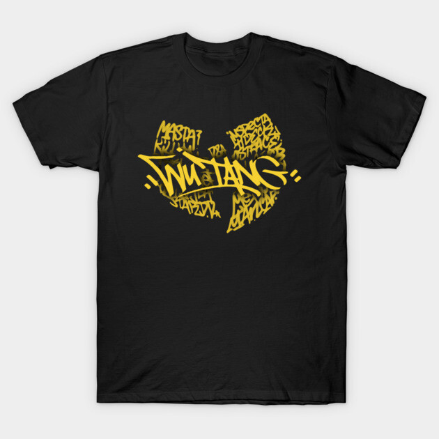 Black t-shirt featuring a yellow graffiti-style graphic design, casual wear, cotton material.