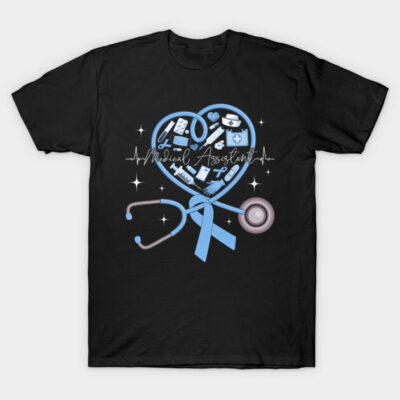Black t-shirt with blue medical-themed heart design, stethoscope graphic, perfect for healthcare professionals.