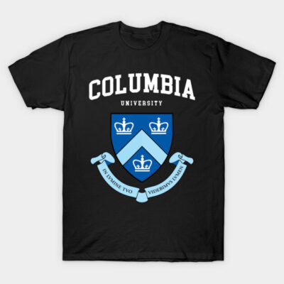 Black cotton t-shirt with blue and white university crest design, casual wear, unisex, comfortable fit.