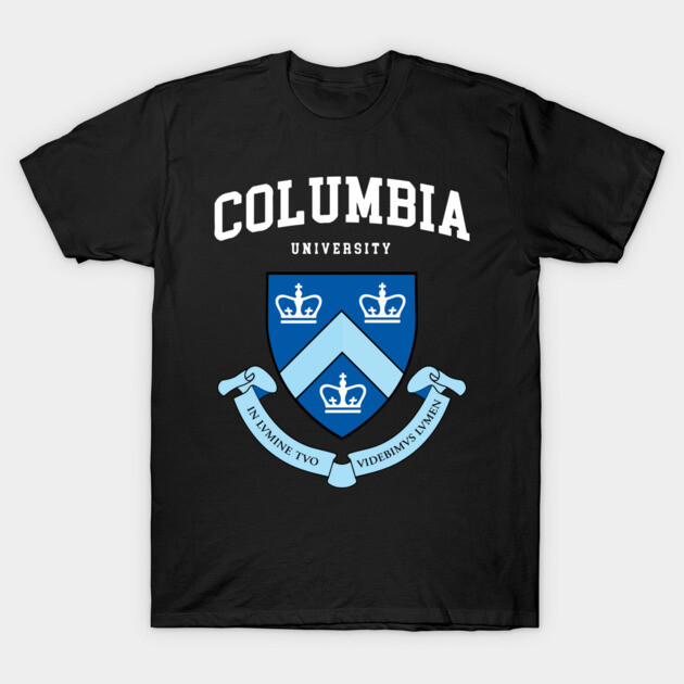 Black cotton t-shirt with blue and white university crest design, casual wear, unisex, comfortable fit.