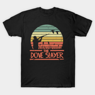 Black t-shirt with retro sunset design featuring a hunter and doves, text "The Dove Slayer." Casual wear, cotton material.