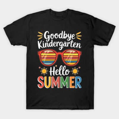 Black t-shirt with "Goodbye Kindergarten Hello Summer" text and colorful sunglasses graphic for kids.