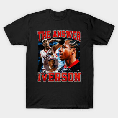 Black graphic t-shirt featuring basketball-themed design with red and white text, ideal for sports fans.