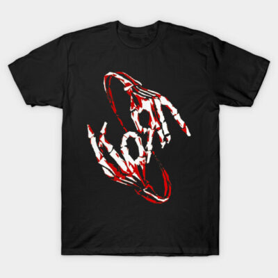 Black t-shirt with abstract red and white graphic design, casual style, cotton material, unisex fit.