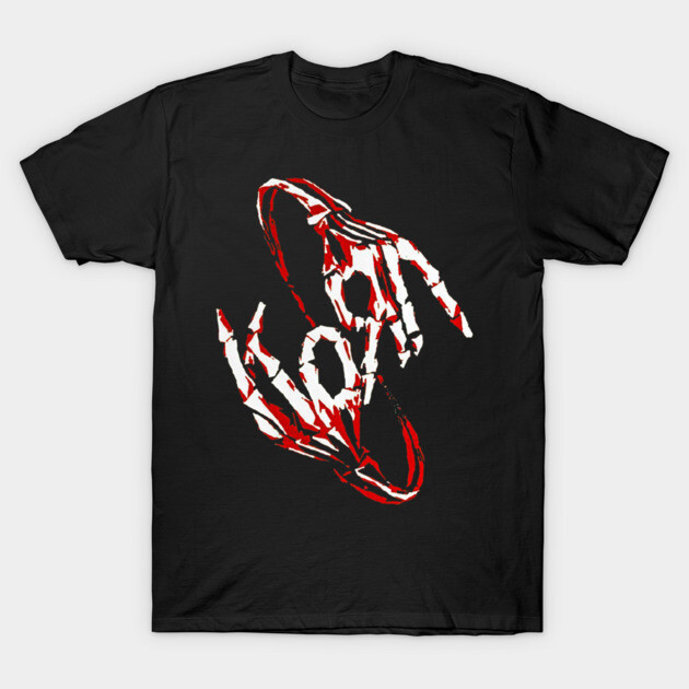 Black t-shirt with abstract red and white graphic design, casual style, cotton material, unisex fit.