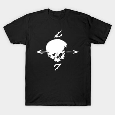 Black t-shirt featuring a white skull and arrows design, casual style, made from soft cotton, ideal for everyday wear.