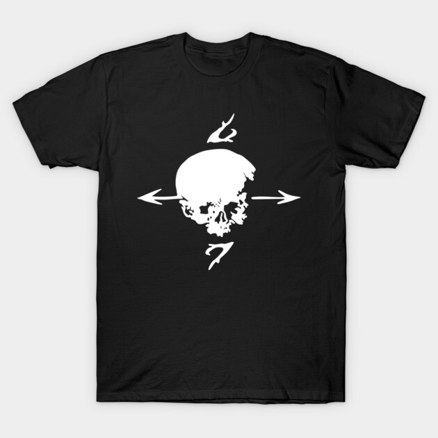Black t-shirt featuring a white skull and arrows design, casual style, made from soft cotton, ideal for everyday wear.
