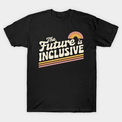 Black T-shirt with "The Future is Inclusive" text in retro style and rainbow graphic, perfect for casual wear.