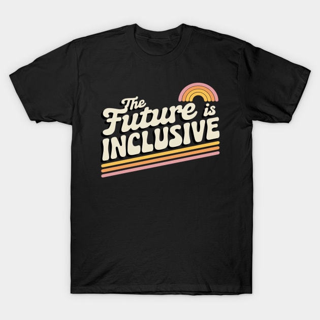 Black T-shirt with "The Future is Inclusive" text in retro style and rainbow graphic, perfect for casual wear.
