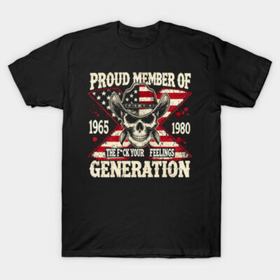 Black T-shirt with "Proud Member of Generation" text and skull design, featuring American flag theme, casual wear.