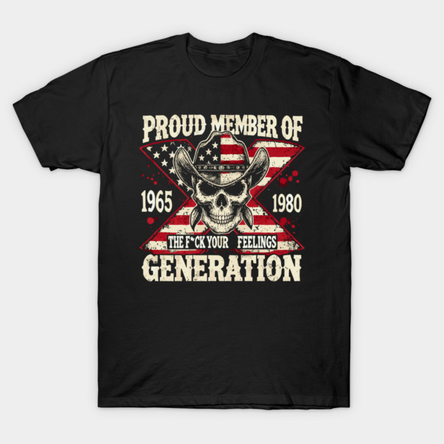 Black T-shirt with "Proud Member of Generation" text and skull design, featuring American flag theme, casual wear.