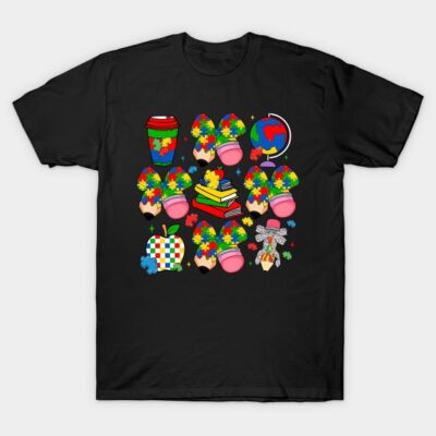 Black t-shirt with colorful puzzle-themed graphics featuring bows, books, and globe. Casual wear for puzzle enthusiasts.