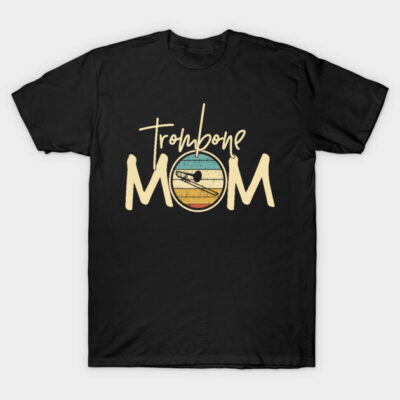 "Black trombone mom t-shirt with retro design, music-themed gift, soft cotton, casual wear, unisex style."