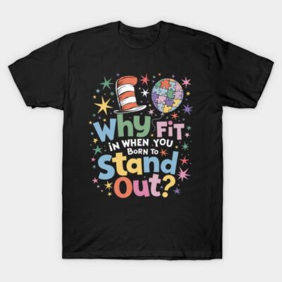 Black t-shirt with colorful "Why Fit In When You Born to Stand Out" design, featuring stars and puzzle graphics.