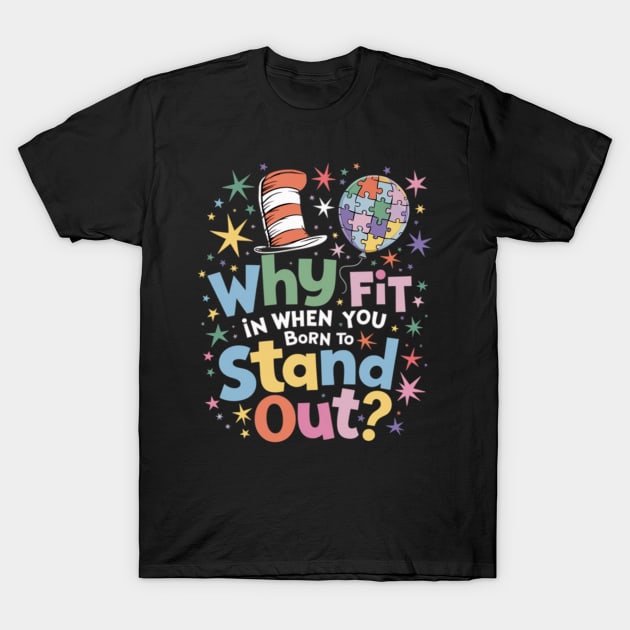 Black t-shirt with colorful "Why Fit In When You Born to Stand Out" design, featuring stars and puzzle graphics.