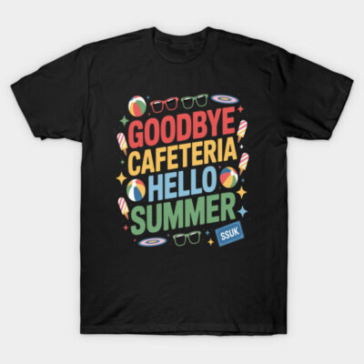 Black graphic t-shirt with colorful "Goodbye Cafeteria Hello Summer" text, featuring summer-themed icons.