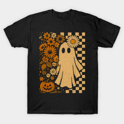 Black Halloween t-shirt featuring ghost, floral pattern, and pumpkin design. Perfect for festive occasions and casual wear.