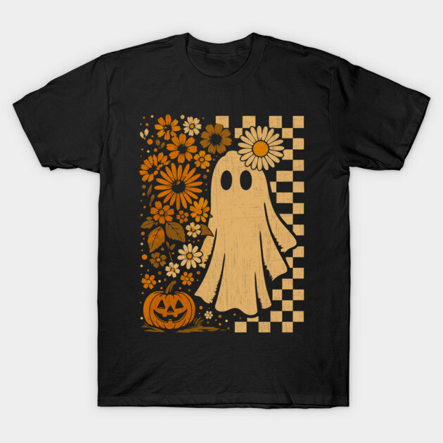 Black Halloween t-shirt featuring ghost, floral pattern, and pumpkin design. Perfect for festive occasions and casual wear.