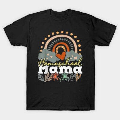 Black "Homeschool Mama" t-shirt with rainbow and floral design, ideal for casual wear, 100% cotton.