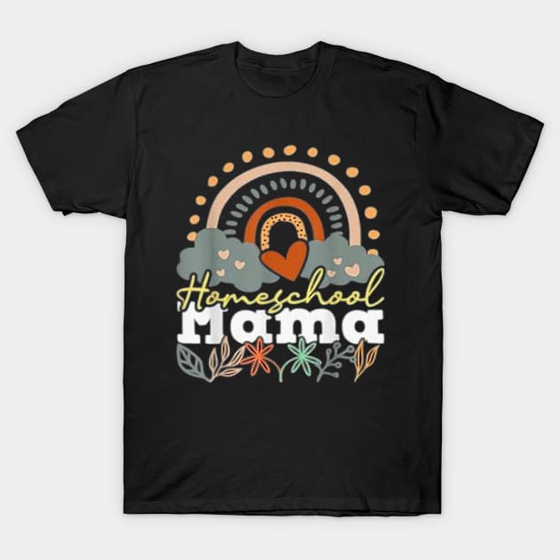 Black "Homeschool Mama" t-shirt with rainbow and floral design, ideal for casual wear, 100% cotton.