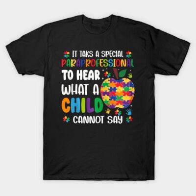 Black T-shirt with colorful puzzle apple design, text for paraprofessionals. Cotton material, casual style.