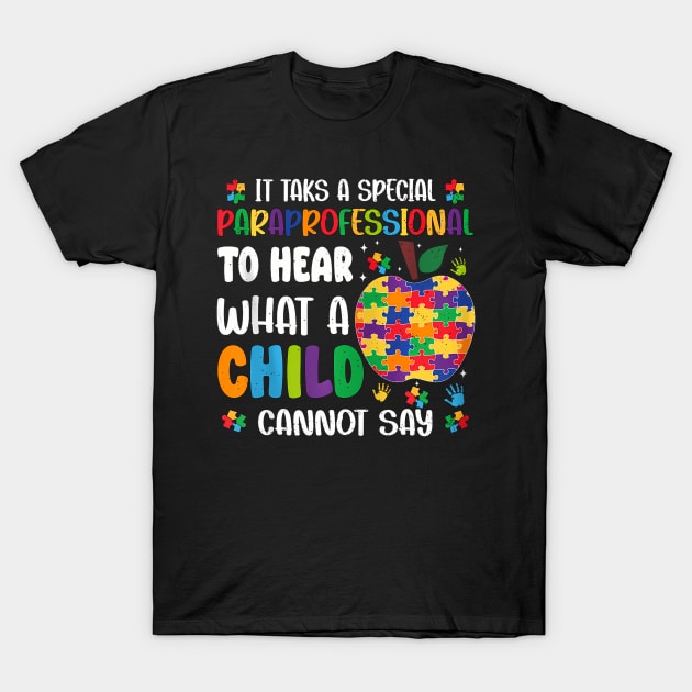 Black T-shirt with colorful puzzle apple design, text for paraprofessionals. Cotton material, casual style.