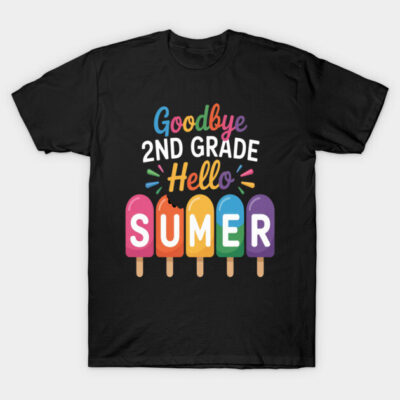Black t-shirt with colorful "Goodbye 2nd Grade Hello Summer" popsicle graphic, perfect for summer celebrations.