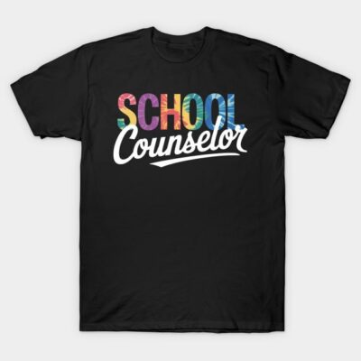Black "School Counselor" t-shirt with colorful text design, casual cotton style for educational professionals.