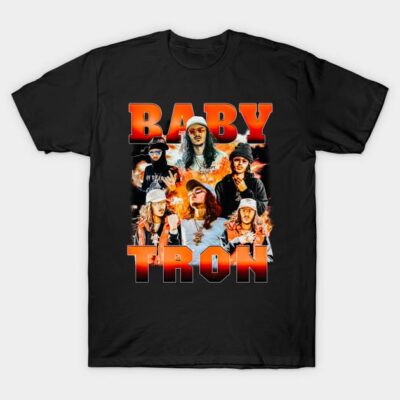 Black graphic T-shirt featuring vibrant red-orange "Baby Tron" text and collage design, casual streetwear style.