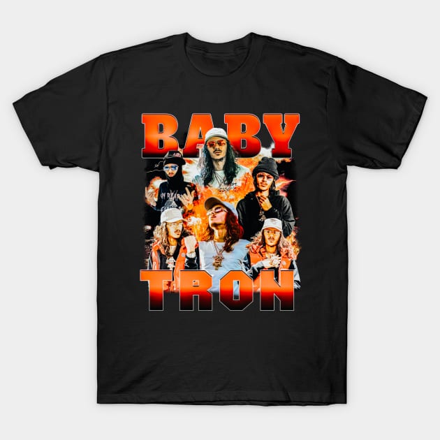 Black graphic T-shirt featuring vibrant red-orange "Baby Tron" text and collage design, casual streetwear style.