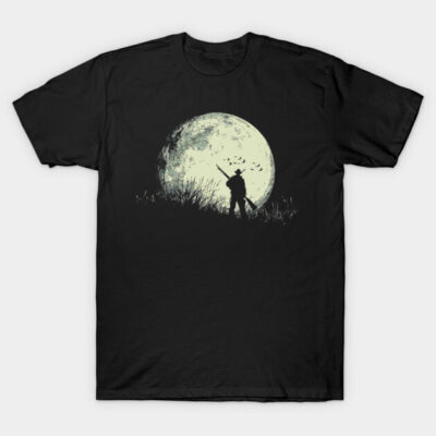 Black t-shirt with silhouette design of figure and large moon, perfect for casual wear or themed events. 100% cotton.