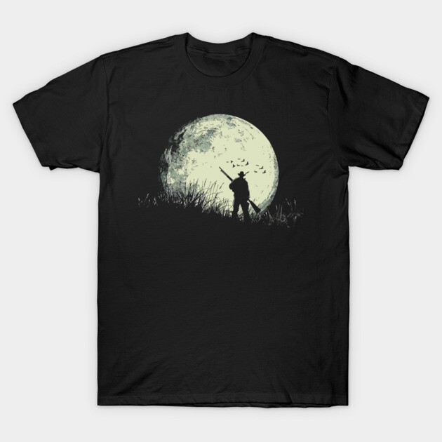 Black t-shirt with silhouette design of figure and large moon, perfect for casual wear or themed events. 100% cotton.