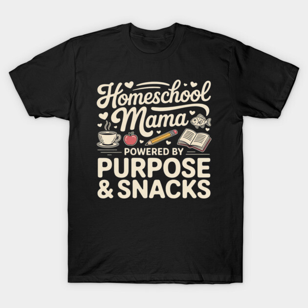 Black "Homeschool Mama" T-shirt with playful text and graphics, casual style, ideal for comfortable everyday wear.