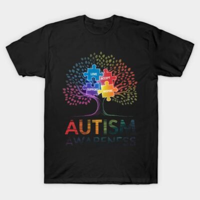 Black Autism Awareness T-shirt with colorful puzzle tree design, promoting love, acceptance, support, and inspiration.