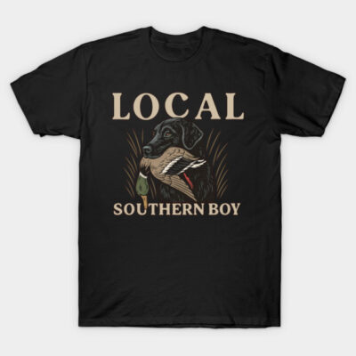 Black t-shirt with "Local Southern Boy" design, featuring a hunting dog and duck graphic, casual wear.