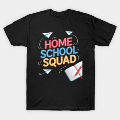 Black "Home School Squad" t-shirt with colorful text and paper airplane design, perfect for casual wear and homeschooling.