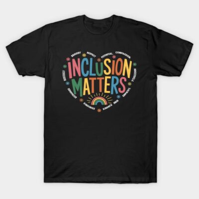 Black t-shirt with colorful "Inclusion Matters" slogan, heart design, ideal for promoting diversity and unity.
